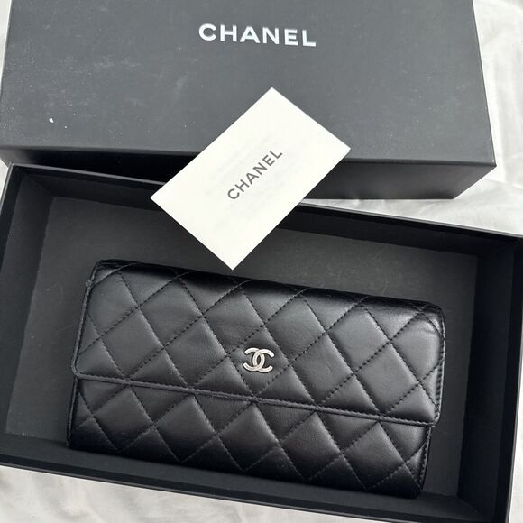 CHANEL Flap Wallet Quilted Black Silver Tone Hardware W/box - Picture 1 of 16